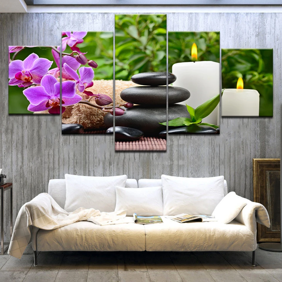 5 Pieces Vintage Zen Stone Orchid Wall Art Canvas Painting Thai Spa Bamboo Posters and Prints for Living Room Home Decor Cuadros