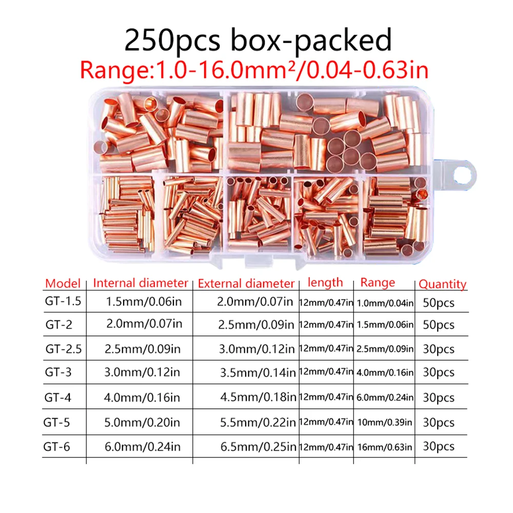 250pcs GT Copper Connecting Pipe Wire Joint Small Copper Tube Terminal Cable Lug Bootlace Ferrule Kit with Crimping Pliers