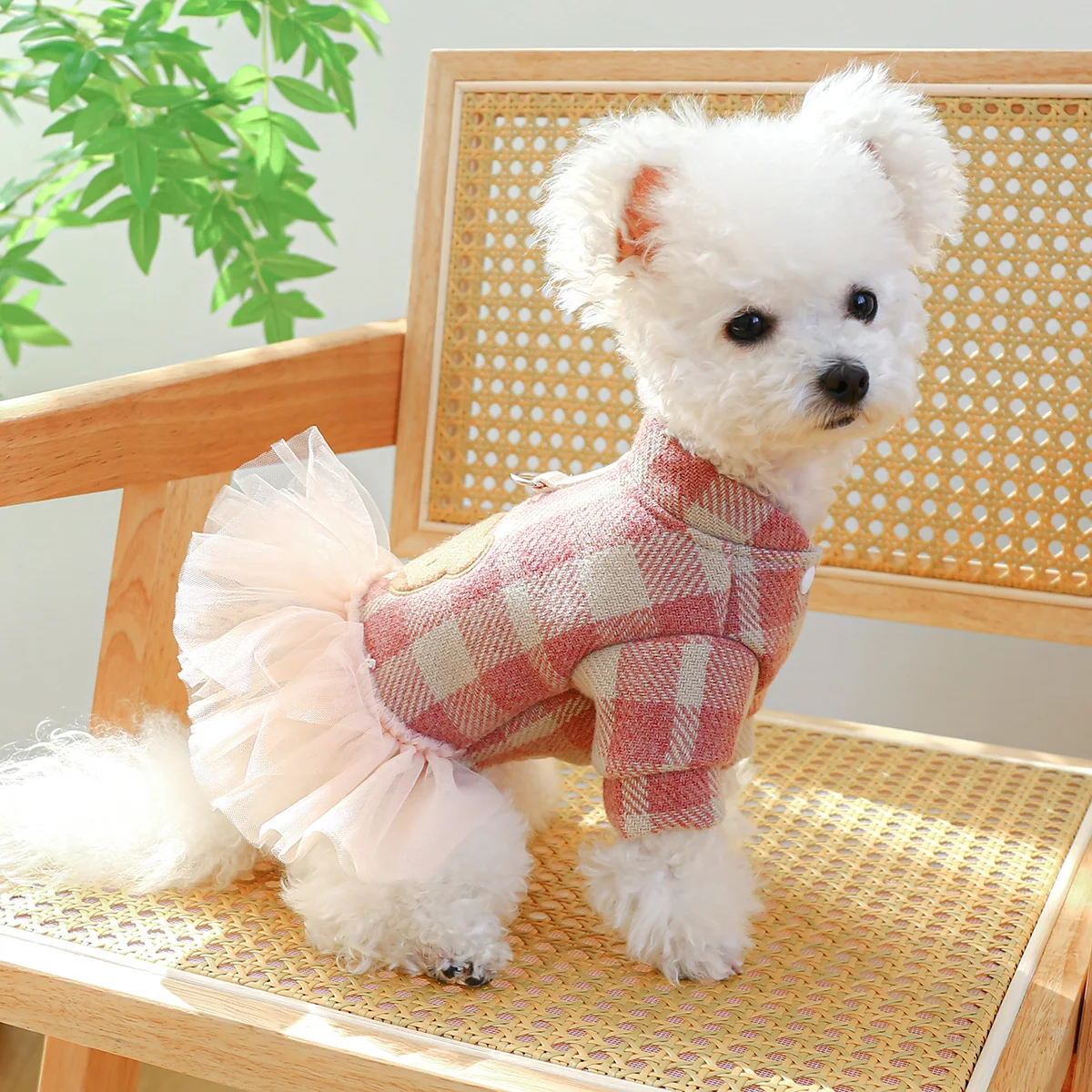 1PC Pet Apparel Dog Autumn/Winter Pink Plaid Little Bear Princess Dress Fluffy Dress with Pull Cord Buckle For Small Medium Dogs