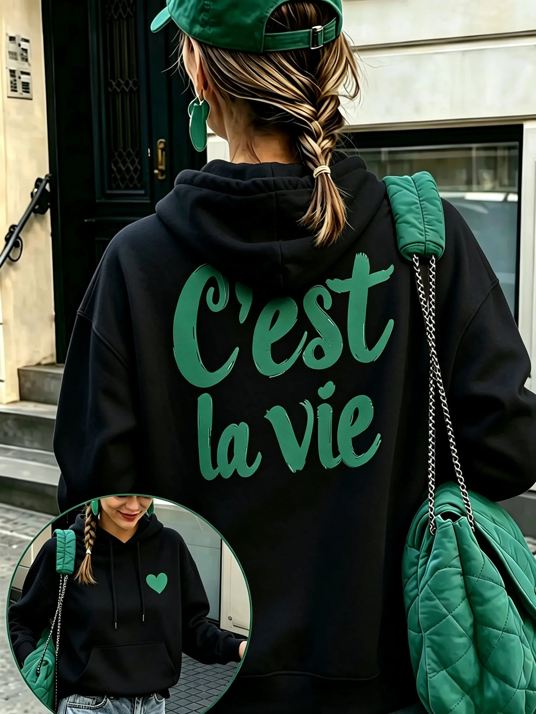 Women Hoodie C'est La Vie Letter Sweatshirt Heart Pattern Long Sleeve Hooded Pullover Casual Streetwear Female Warm Fleece Tops