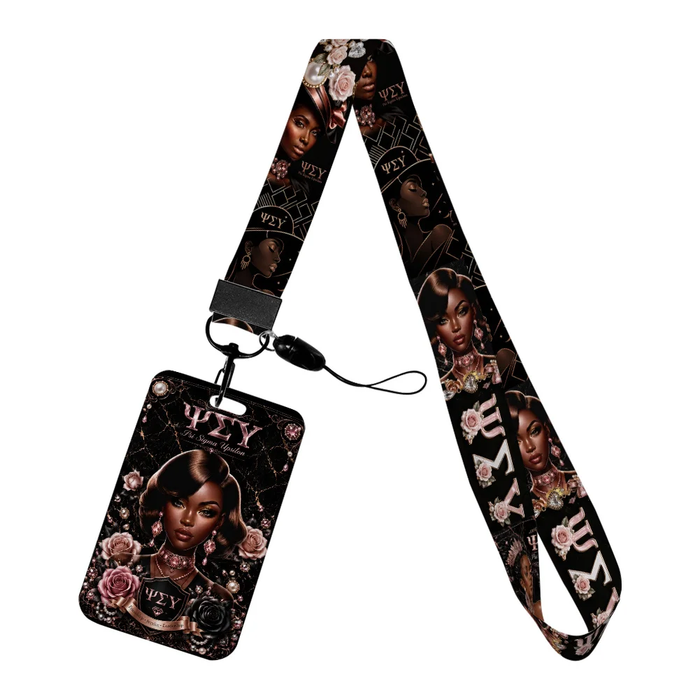 Fashion Sorority Psi Sigma Work Card Holder Work Access Name Badge with Keychains Student Id Card Lanyard Holder Accessories