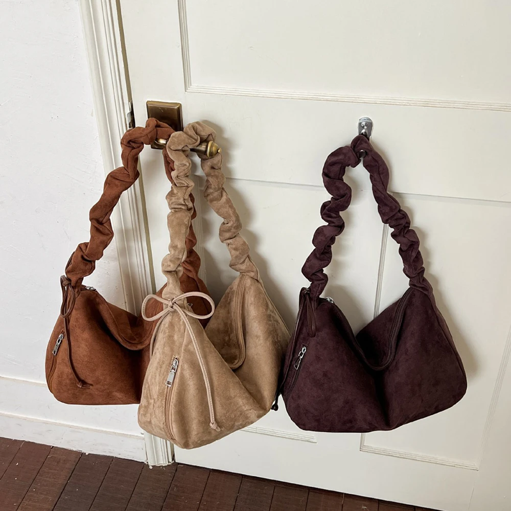High Grade Faux Suede Shoulder Bag Autumn Winter New Solid Color Drawstring Crossbody Bags Vintage Commute Underarm Handbags