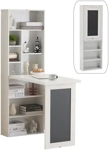 Folding Desk with Storage,Foldable Convertible Writing table with Blackboard and Shelves,Wall Mount Fold Out Table