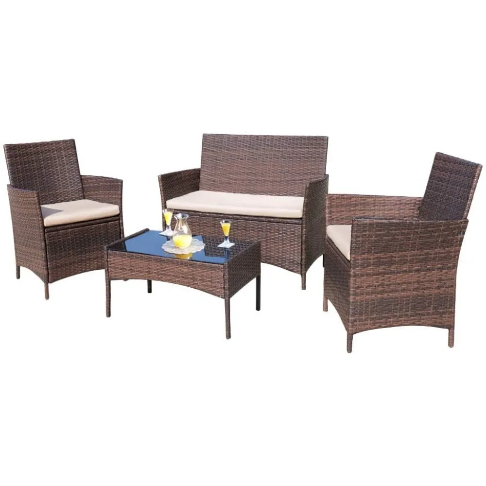 

4 Pieces Outdoor Patio Furniture Sets Rattan Chair Wicker Set, Outdoor Indoor Use Backyard Porch Garden Poolside Balcony Furnit