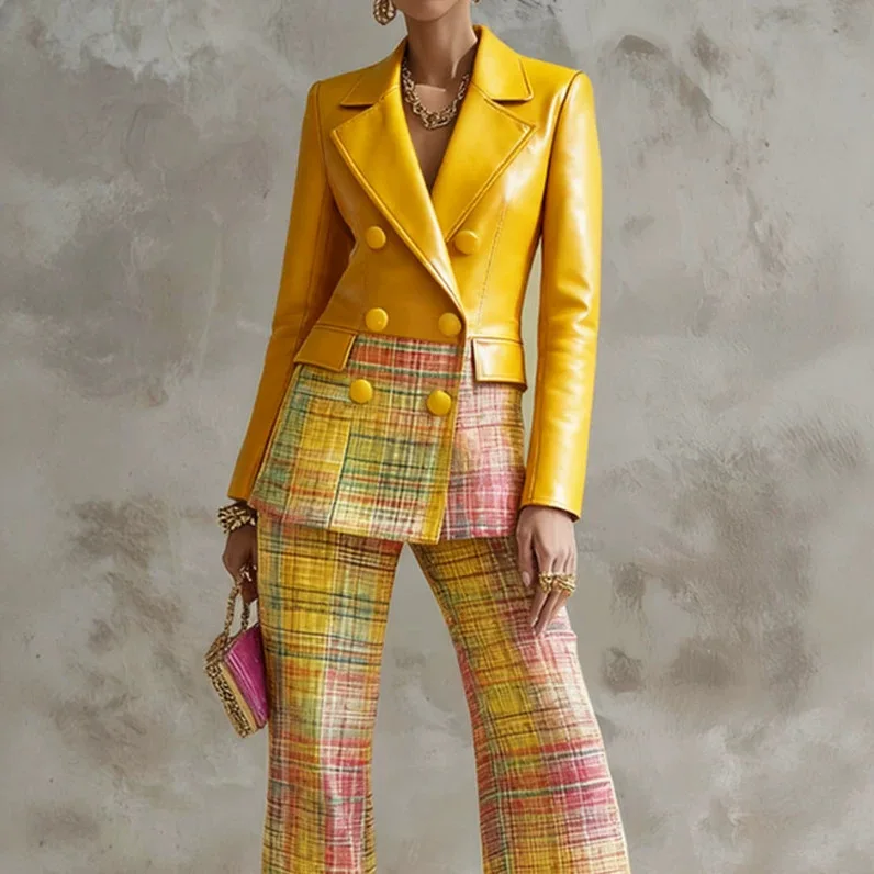 XXOWENLI Women Pu Leather Blazer 2 Piece Set Lapel Double Breasted Short Blazer Wide Leg Leather Pants Set Elegant Office Outfit
