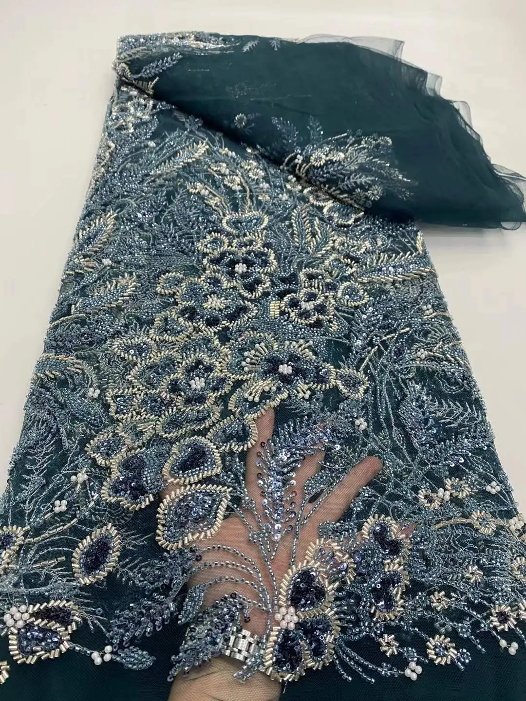 แอฟริกันHeavyลูกปัดผ้าลูกไม้ 2025 คุณภาพสูงไนจีเรียSequinsเจ้าบ่าวลูกไม้ภาษาฝรั่งเศสคําTulleผ้าสําหรับชุดปาร์ตี้เย็บDP