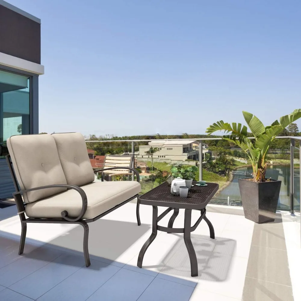 ชุดโซฟาเลิฟซีทสำหรับลานบ้าน 2 ชิ้น พร้อมโต๊ะกาแฟ ม้านั่งกลางแจ้งพร้อมเบาะรองนั่งและโครงโลหะ ชุดเฟอร์นิเจอร์เลิฟซีทสำหรับสวน