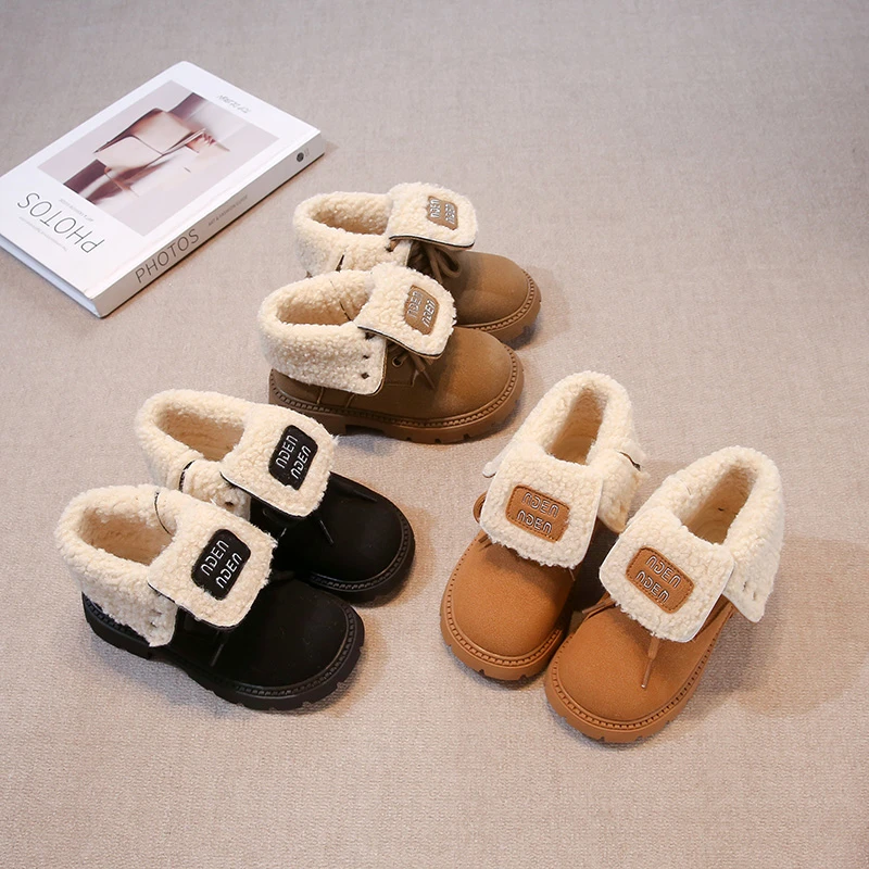 

2025 Winter New Kids' Fleece-lined Lace-up Cotton Boots Short Boots for Girls Children's warm boots
