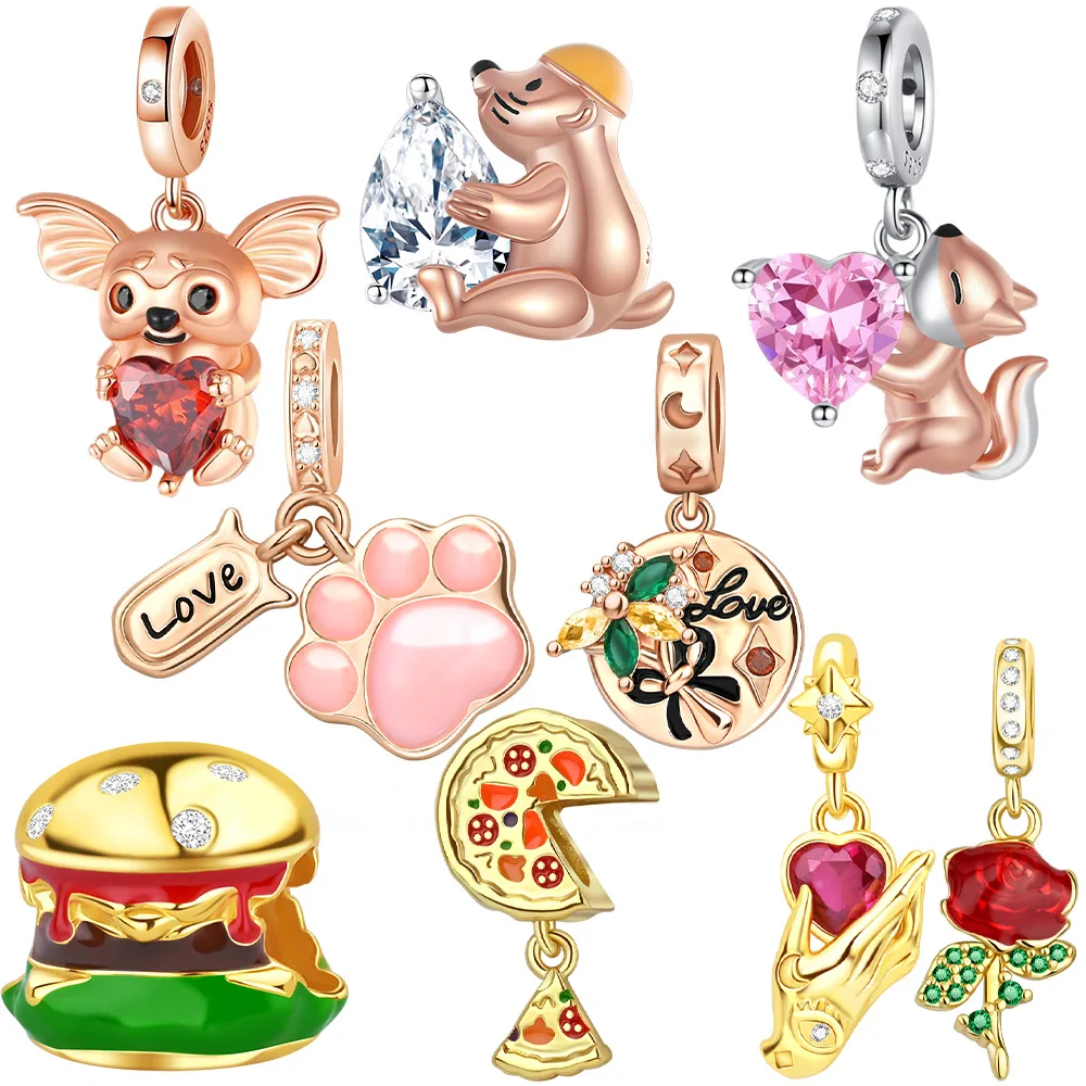 925 Sterling Silver Gold Red Rose Charms Beads Fit Original Bracelets Bag Keychain Charms Beads Pendant Diy Women Jewelry Gift