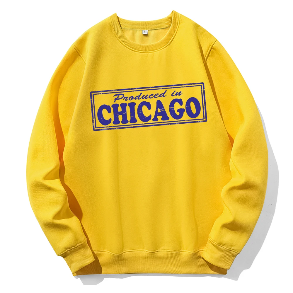 Produced In Chicago Art Letter Print Mens Sweatshirt Casual Loose Sportswear Fleece Warm Tracksuitstreet Crewneck Autumn Clothes