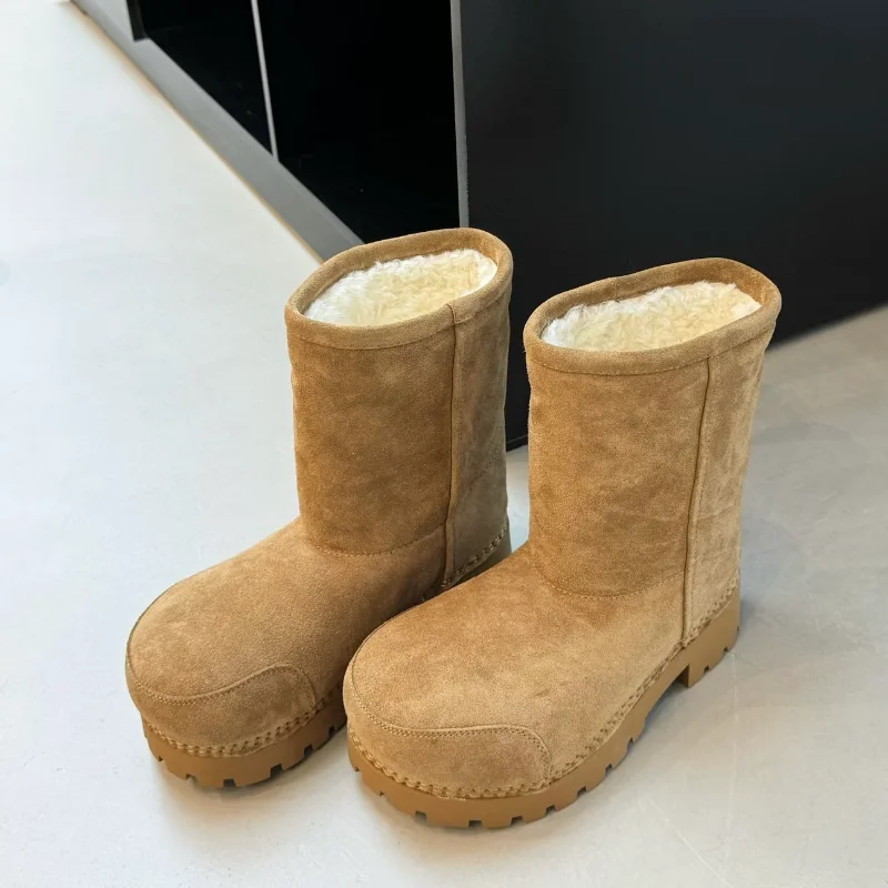 

Mid-calf Snow Boots Unisex Cute Fashion Big Round Head High-end Frosted Leather Boots Thickened Warm Non-slip Couple Snow Boots