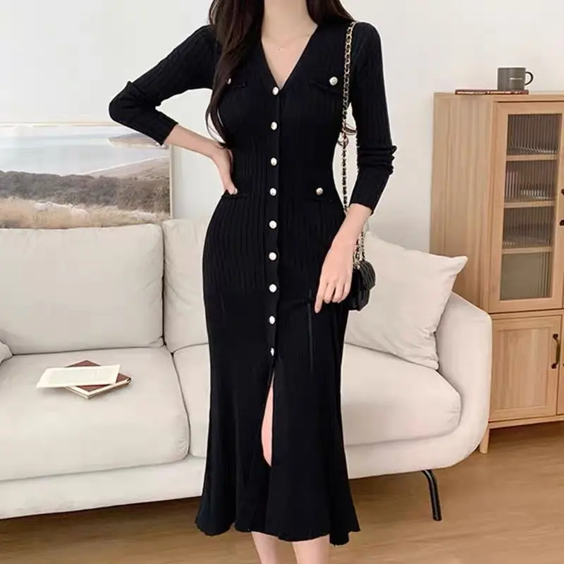 Houzhou elegante Party kleider für Frauen koreanische Vintage lange schlanke V-Ausschnitt Bodycone einteilige Midi-Kleid Nähen Freizeit kleid