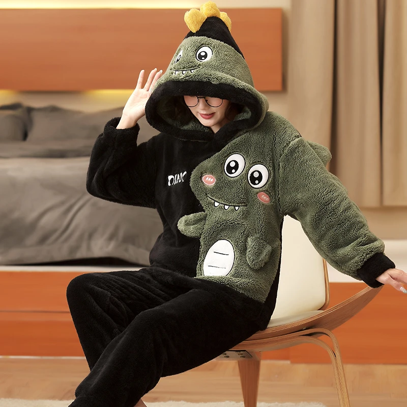 Set Piyama Pasangan Musim Dingin Piyama Pria Wanita Tebal Pakaian Tidur Kartun Dinosaurus Lembut Hangat Piyama Hoodie Pakaian Rumah Dewasa