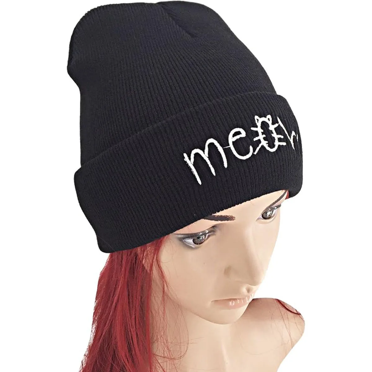 Slouchy Beanie Winter Knit Skull Hat for Women Men with Meow