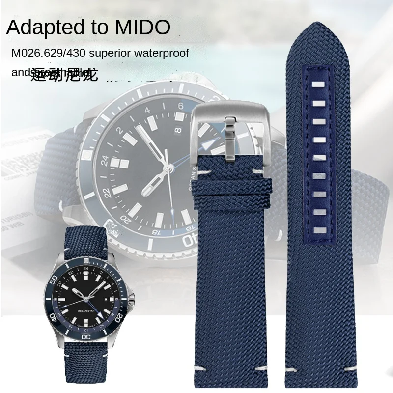 Canvas real leather watch strap for Mido m026.629/430 Ocean Star m042.430 navigator helmsman breathable nylon watchband 22m belt