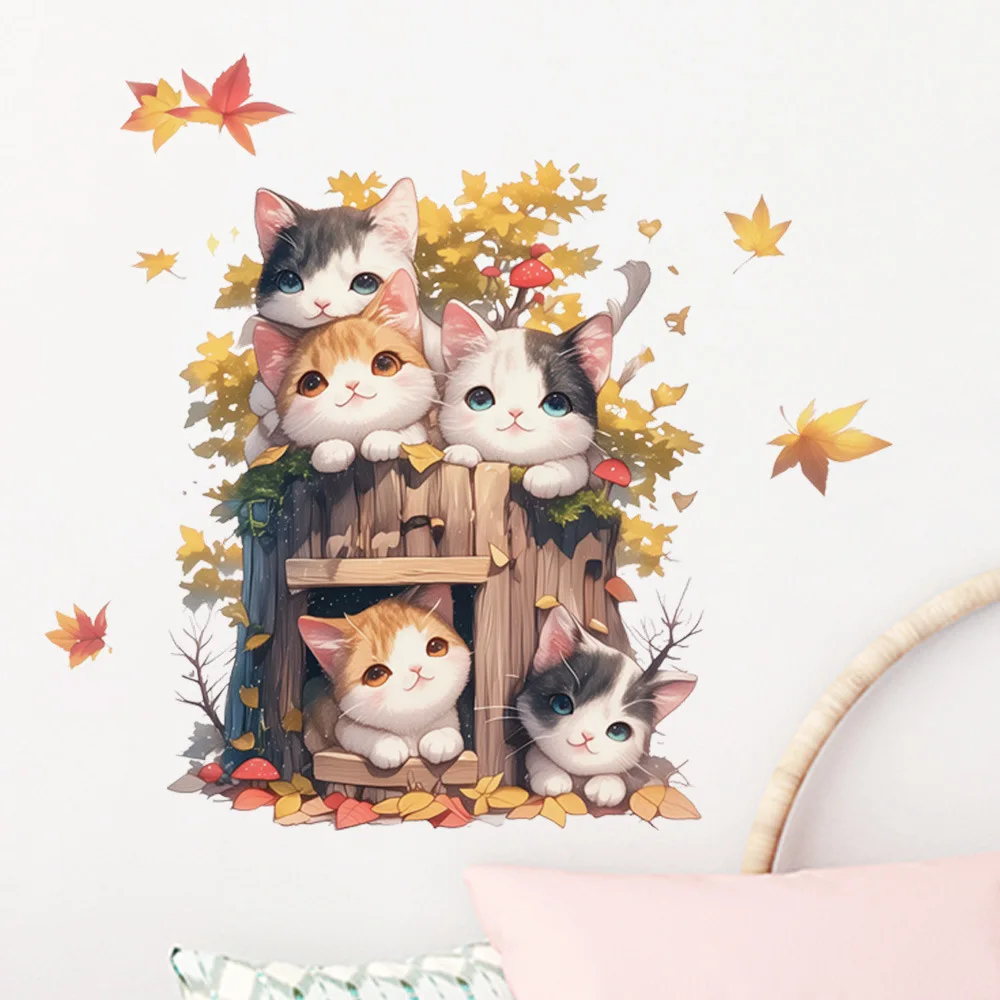 

Five Cats Falling Leaves Wall Stickers Children's Room Decoration Living Room Decoration Cabinet Refrigerator Animal Stickers