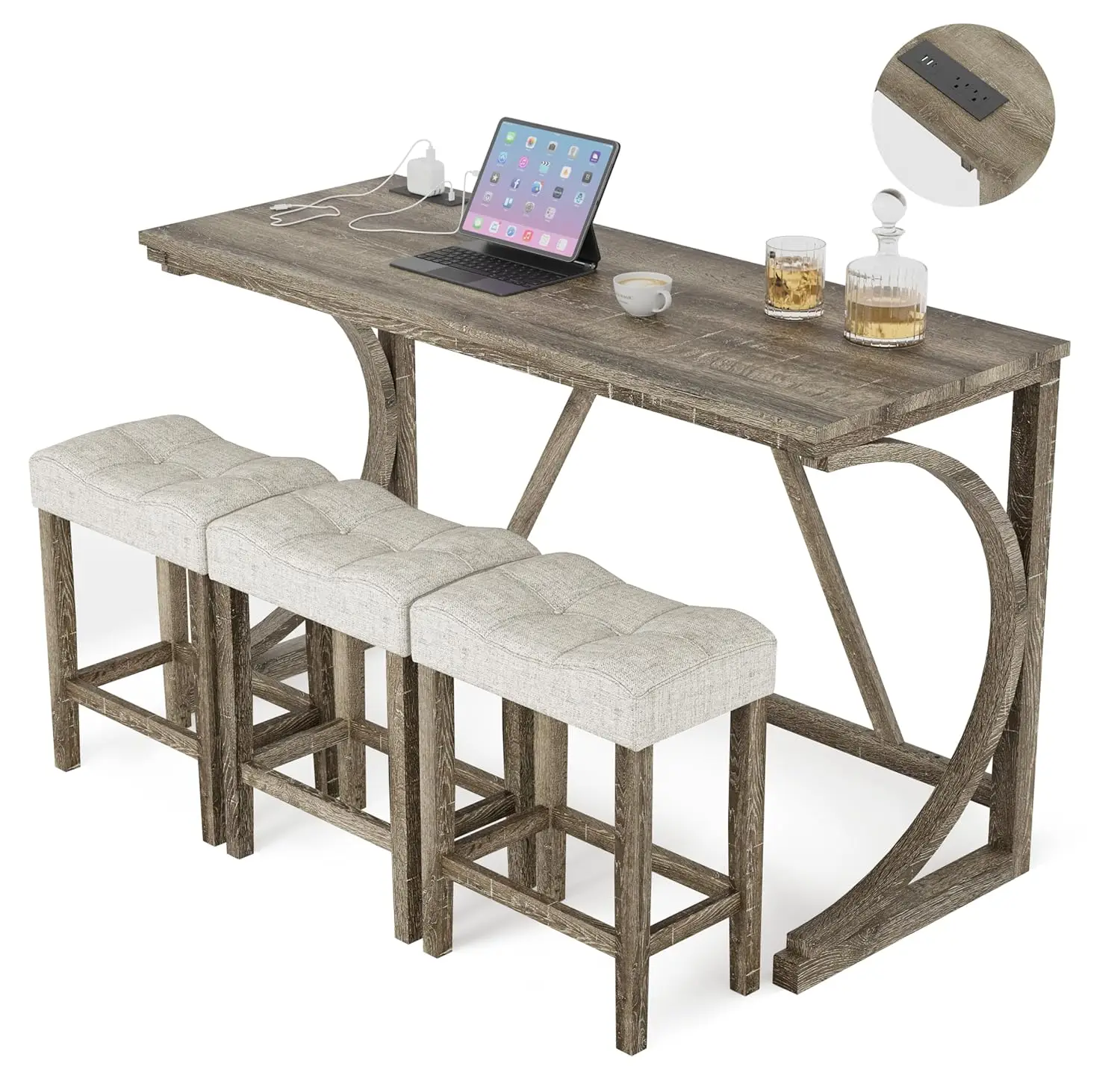 

4-Piece Counter High Bar Table Set with Socket and 3 Fabric Padded Bar Stools, Tall Kitchen Breakfast Nook with, Customized