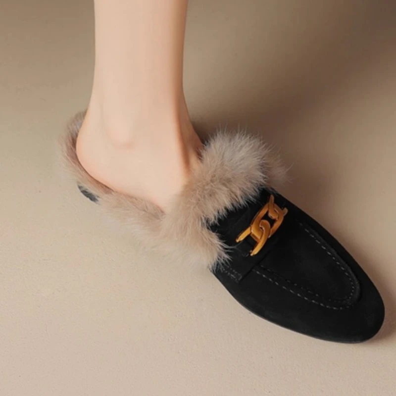 Winter Womens Slippers With Low Heel Close Toe Anti Slip and Warm Chain Buckle Frosted Leather and Velvet Black/coffee Slippers