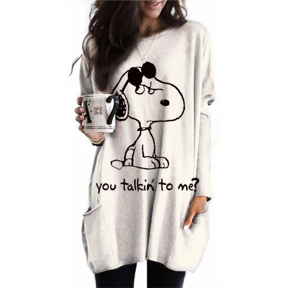 2024 Autumn Women\'s Fashion Women\'s Top Snoopy Printed Pocket T-shirt Loose Casual Round Neck Long Sleeve T-shirt