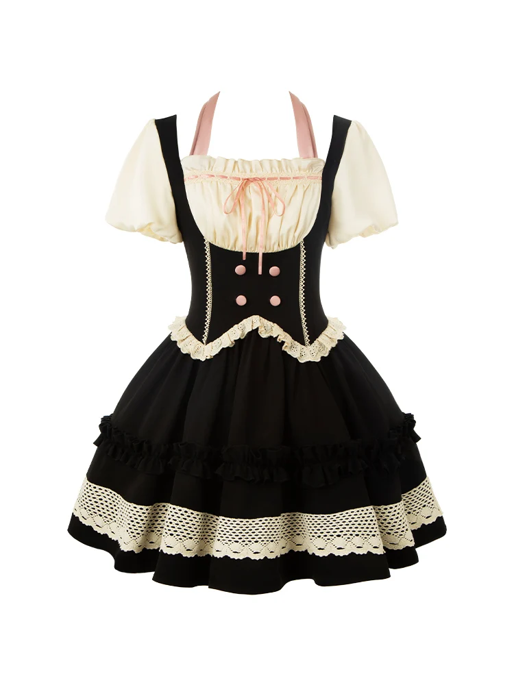 Vestido falso de duas peças para meninas, vestido de manga curta, vestido original de festa de chá para menina Lolita, querido com puji, preto e rosa, verão