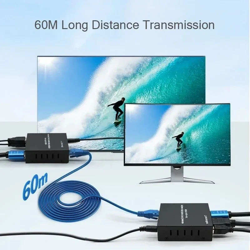 60M HDMI KVM Extender over RJ45 Cat6 Cable 1080P HDMI KVM Video Extender with Loop-out  Support USB Mouse Keyboard for PC NVR TV
