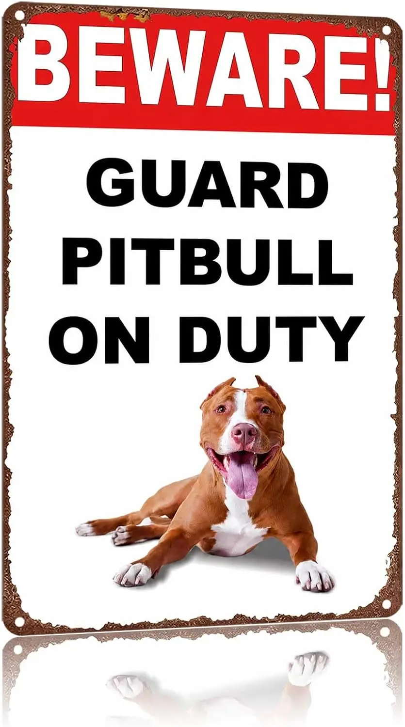 Metal Sign Beware Guard Pitbull On Duty Warning Dog Wall Decor | Classic  ,Retro,Waterproof Aluminum,Funny,UV-printing,Easy To I