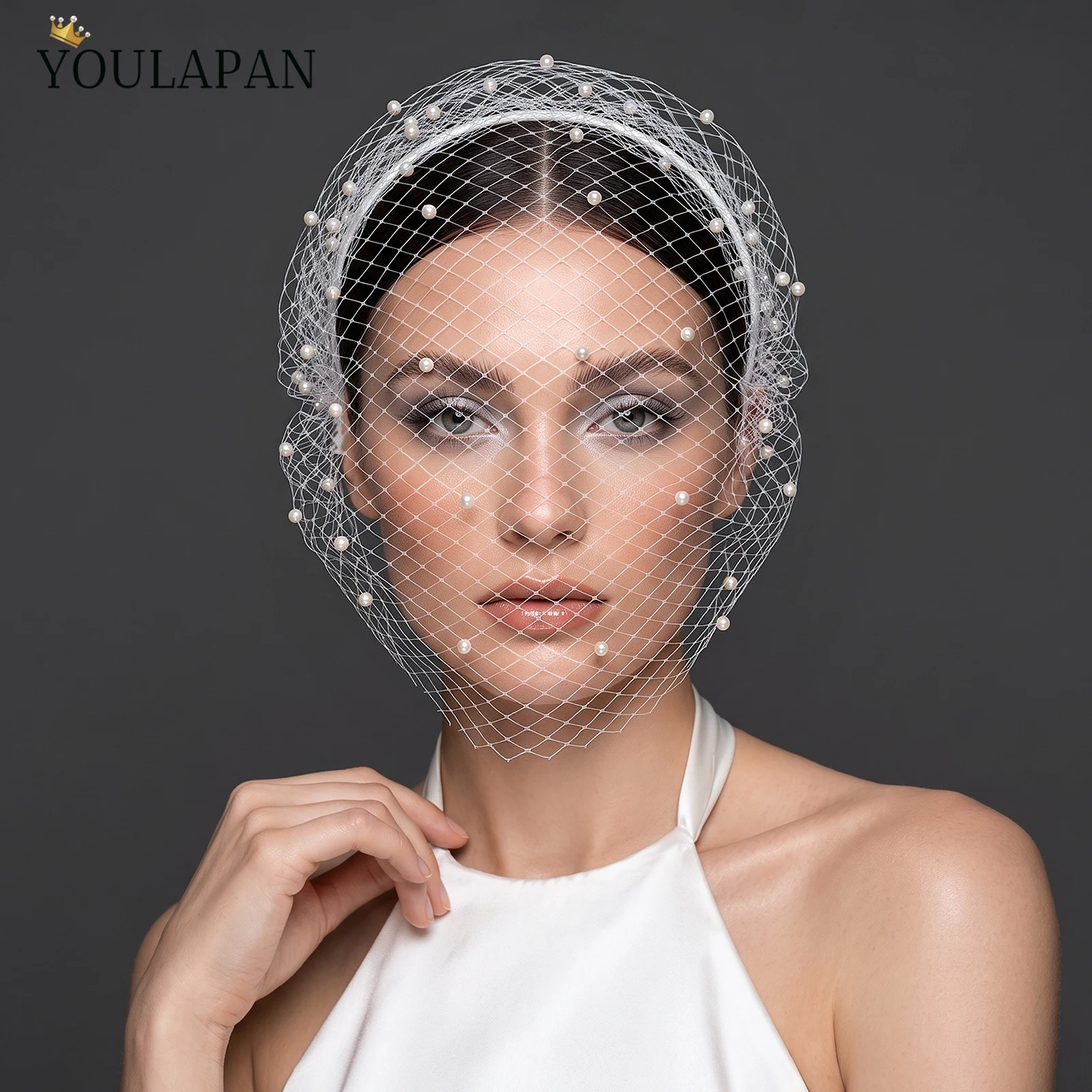 TOPQUEEN White Pearls Birdcage Veil With Blusher Veil Cage Veil Face Veil Bridal Accessories Va44