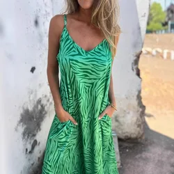 Women's Vintage Backless V-Neck Long Dress Casual Sleeveless Printing Suspender Dresses Women 2025 Summer Holiday Maxi Sundress