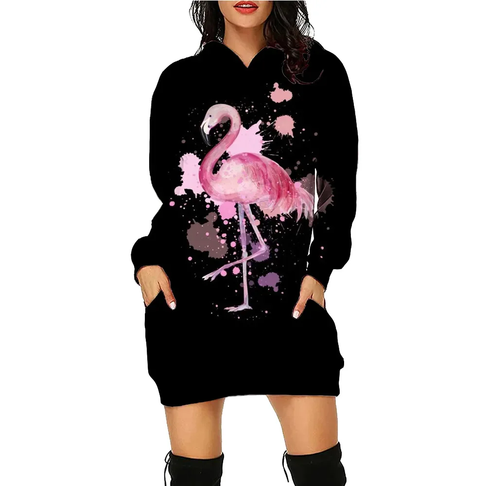 Flamingo Printed Hoodie Dress Animal Women Black Daily Workout Hoodies Long Sleeve Pullover Autumn Winter Loose Tee Traf Vestido