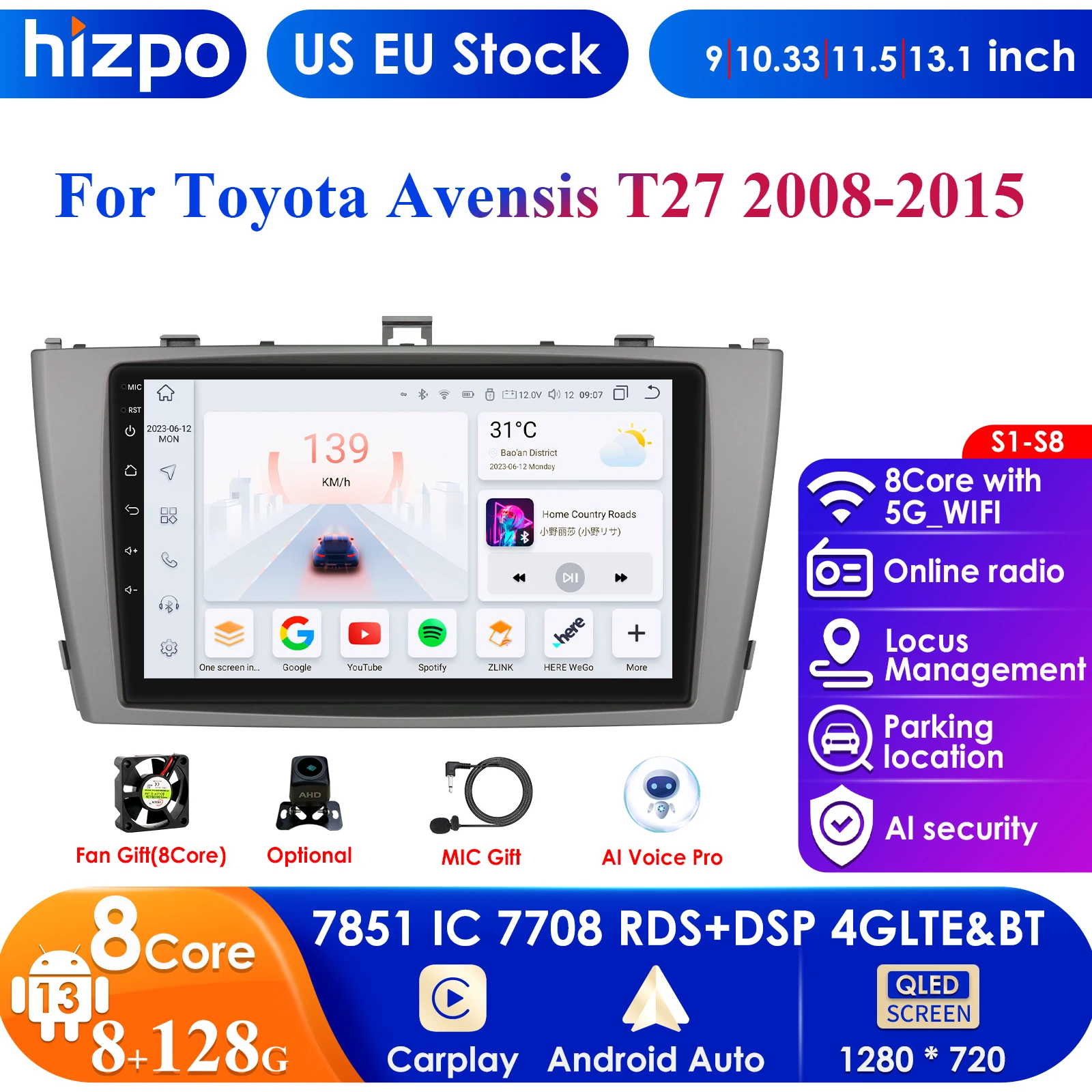 Car Intelligent Systems 2Din Android 13 Auto Radio for Toyota Avensis T27 2008-2015 Carplay 4G Car Multimedia GPS DSP Autoradio