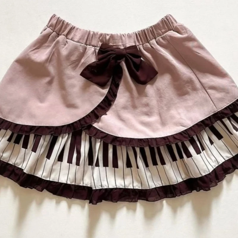 Deeptown Japanese Style Bow Mini Skirt Women Kawaii Sweet Lolita Short Skirts Harajuku Y2k Lace Patchwork Ruffles Cake Skirts