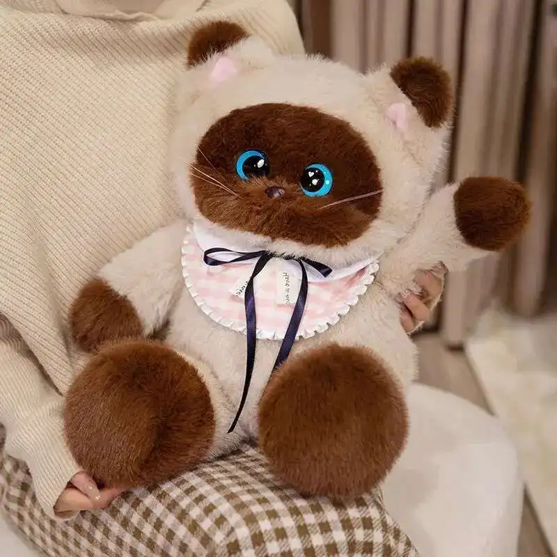 사랑스러운 옥양목 고양이, 소 고양이, 시아메스 고양이 봉제인형 귀여운 애완 고양이 봉제 장난감 턱받이 장식 부드러운 고양이 수면 친구 인형 어린이 선물