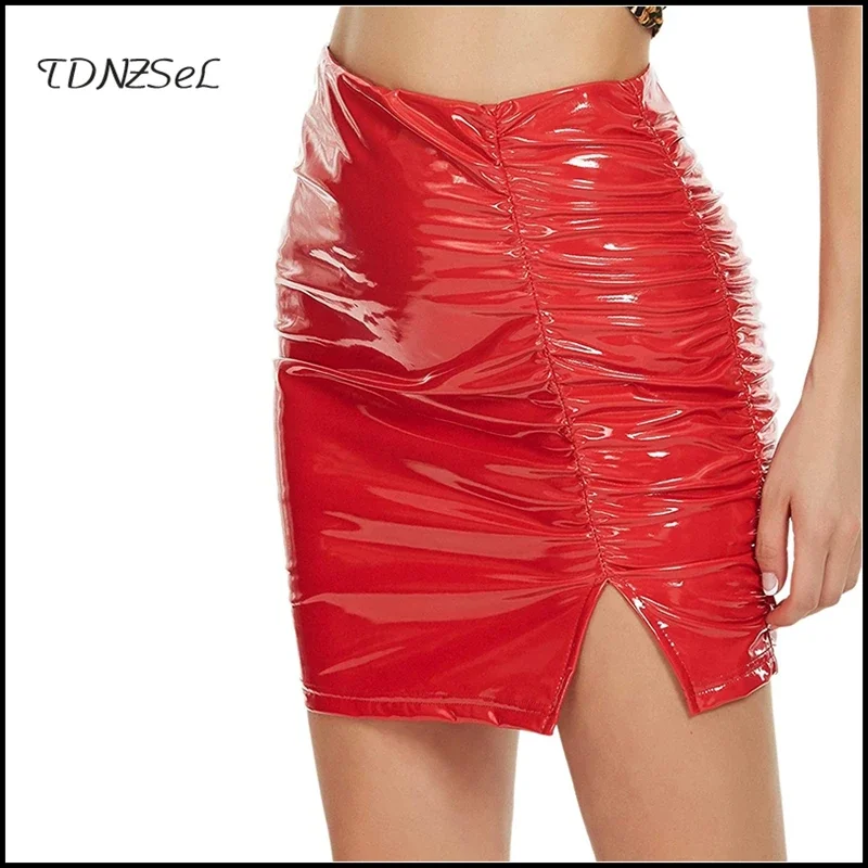 Women Shiny Latex Leather Pleated Skirts Mini Bodycon Folds Pencil Skirts Sexy Short PU Skirts Hems Side Split Summer Custom