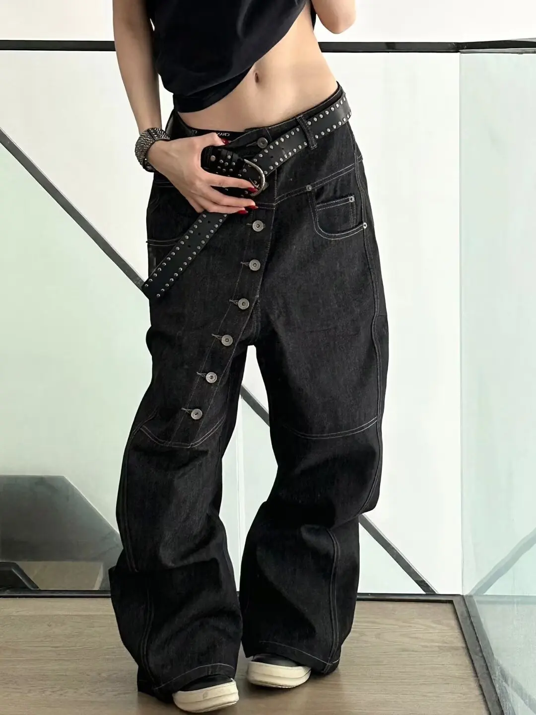 

Personalized Jeans American High Street Curved Long Button Scimitar Men's Jeans Summer Loose Wide-Leg Pants Trendy Male Trousers