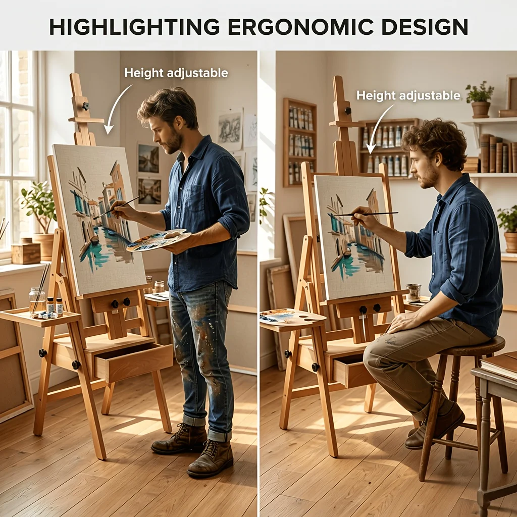 Solid Beech Wood Adjustable Artist Floor Easel with Drawer, Side Trays & Carry Bag for Oil Sketch Watercolor Painting