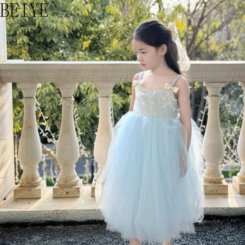 Light Luxury Princess Long Dress Children Original Design Summer Suspender Dress Little Girls Mesh Temperament Daily Dress