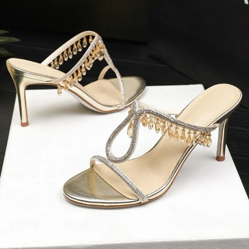 

Дизайнерские женские босоножки на высоком каблуке с кристаллами, шлепанцы, новые летние элегантные вечерние модельные туфли, роскошные тапочки на тонком каблуке со стразами