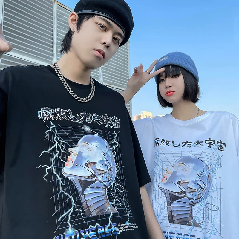เสื้อยืด2022ขนาดใหญ่ผู้ชาย T เสื้อ Hip Hop Streetwear Lightning หุ่นยนต์อวกาศ Harajuku ญี่ปุ่นคันจิ Tops Tees แขนสั้น