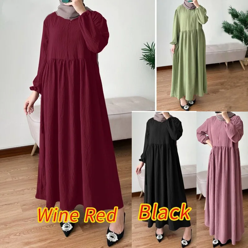 Muslim Robe New Zipper Round Neck Solid Color Bubble Sleeve Loose Dress
