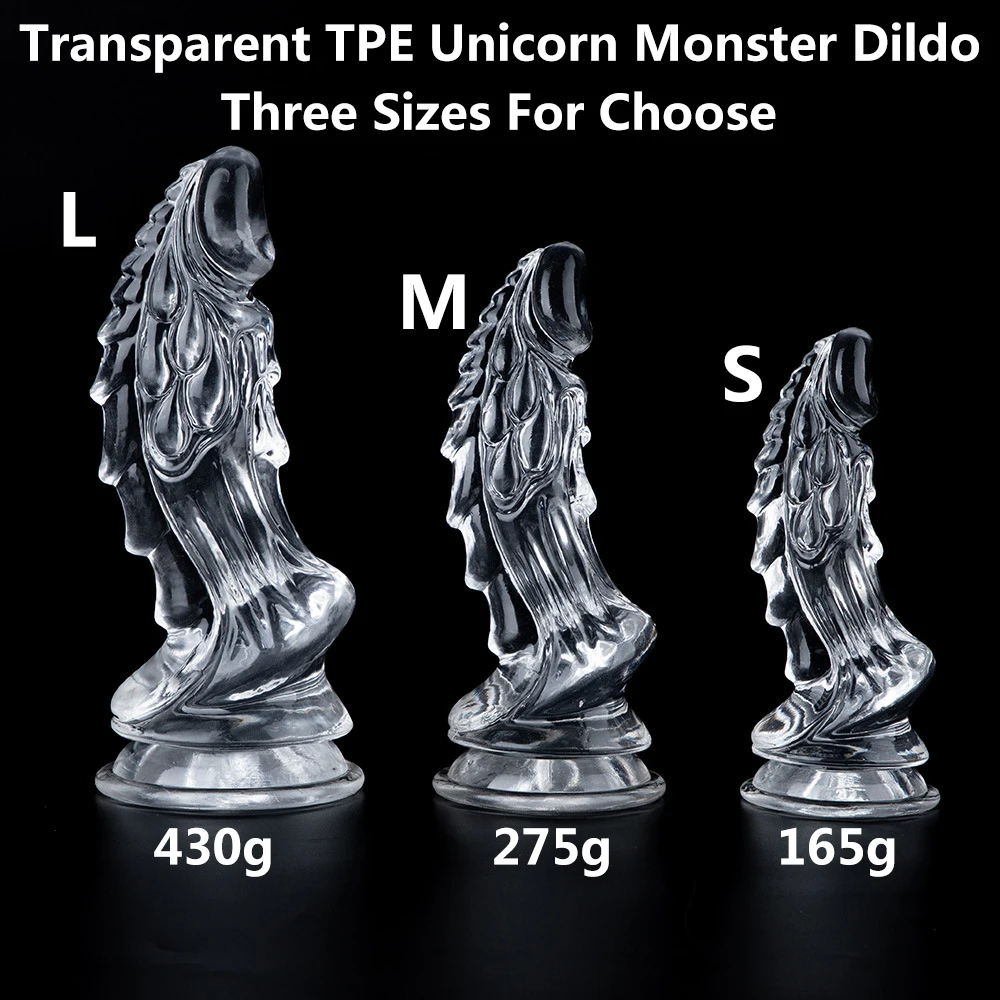 투명 유니콘 TPE 몬스터 시뮬레이션 딜도, 현실적인 동물 가짜 페니스, 강한 흡입 컵, 여성용 섹스 토이, 3 가지 크기