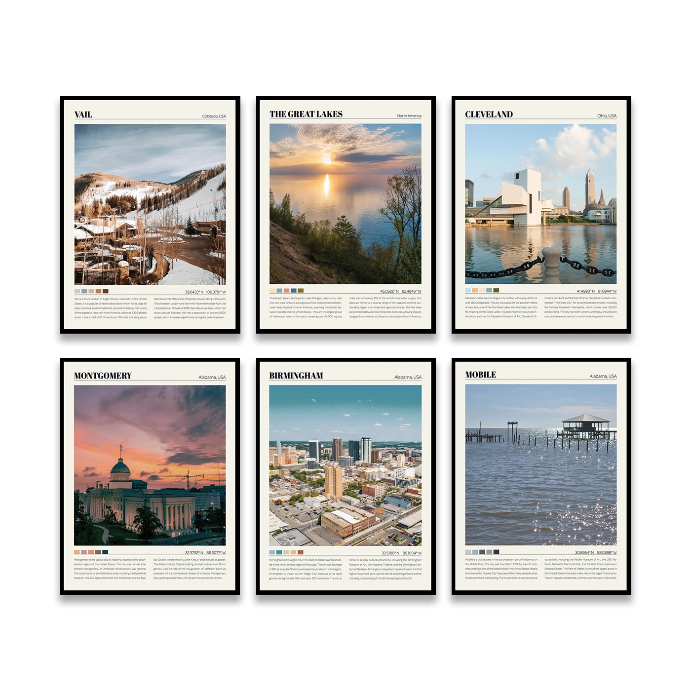 San Diego Alaska Milwaukee Bayfront Birmingham Montgomery Cleveland Vail City Travel Landscape Poster