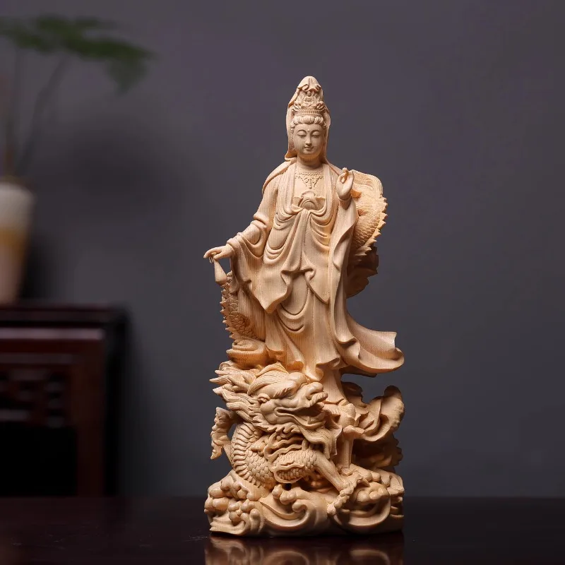 

Exquisite Cypress Wood Guanyin Statue, Pure Vase Kwan Yin Sculpture with Dragon Base, Buddhist Altar & Home Feng Shui Decor,