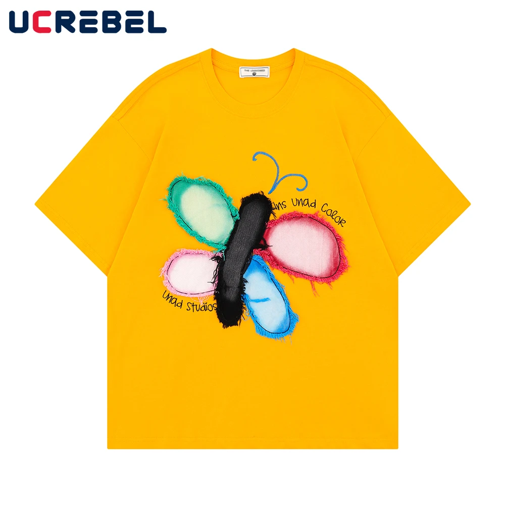 

Butterfly Patch Embroidery Short Sleeve T-shirt Mens Summer Retro High Street Loose Half-Sleeve Crew Neck Cotton Tee Men Tshirt