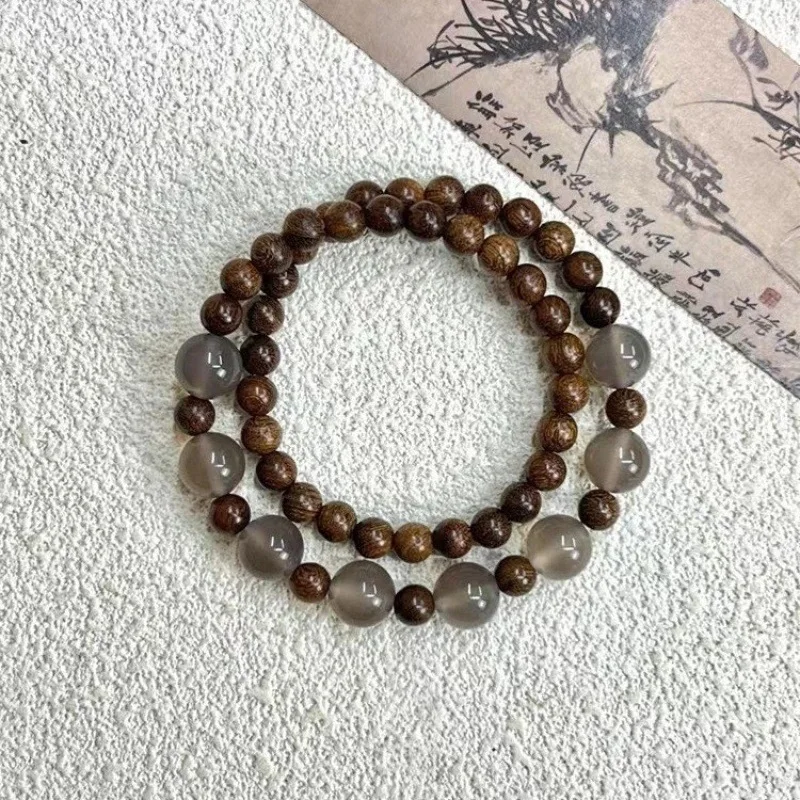 

Браслет премиум-класса с золотым сандаловым серым агатом и двойным кругом, деревянные бусины в китайском стиле, изысканные ручные украшения, модное ремесло