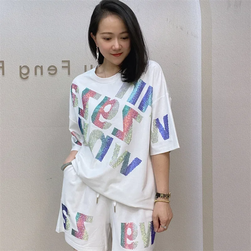 

Fashion Diamonds Letter Sets Women Summer Clothes Loose Tracksuits Casual Knitting Wear Tops Two Piece Sets Womens Outifits