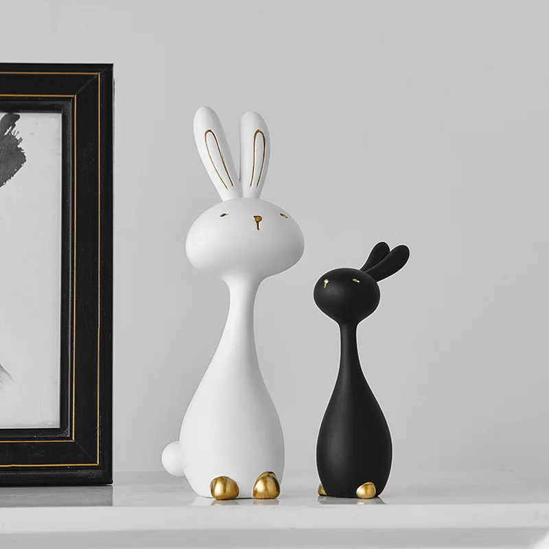 

2pcs Anime Resin Bunny Statue Set Black/White Rabbit Figurines for Home Decor, Xmas Halloween Easter, Ideal Gift