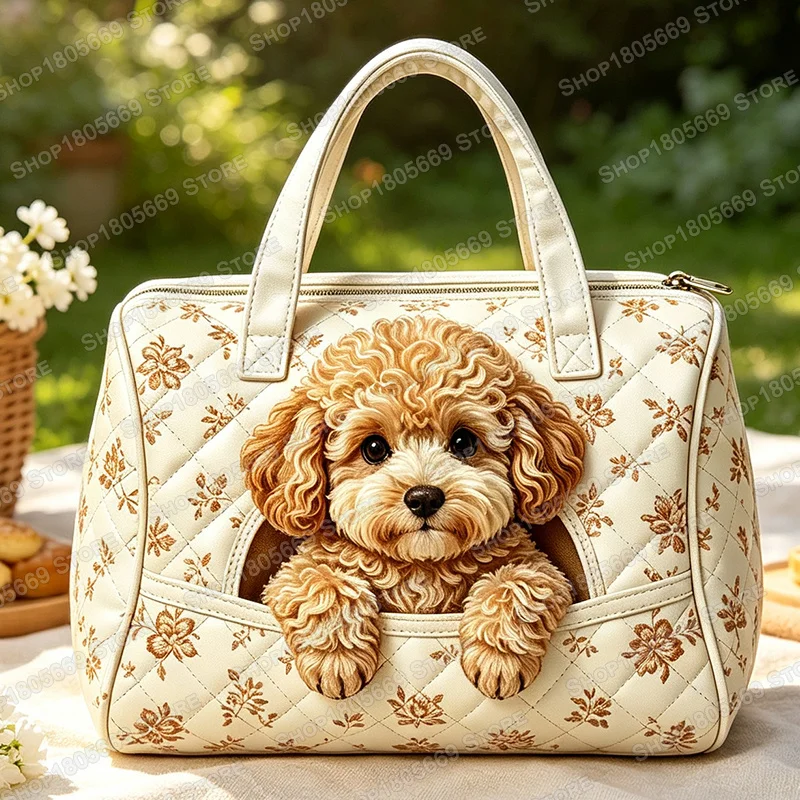 Cute Poodle Dog Quilted Handbag Floral Pattern Large Capacity Travel Duffle Bag Top Zipper Women Weekend Storage Tote Bags