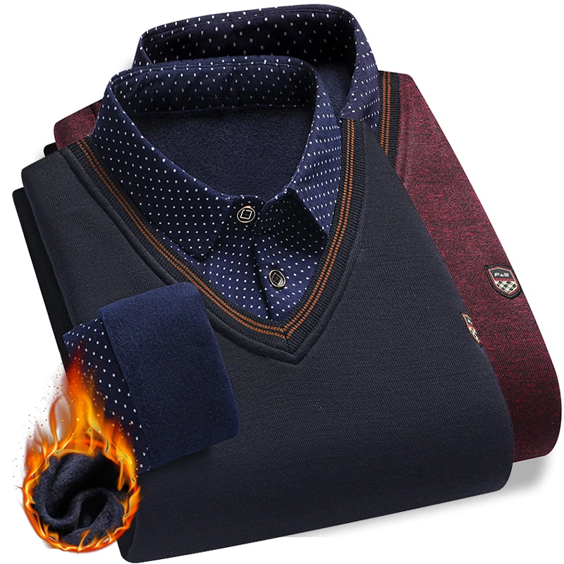 

Men's Plush Sweater Autumn Winter Fake Two Piece Pullover Polo Shirt Collar Fleece Thick Warm Top Clothes Casual Jumpers
