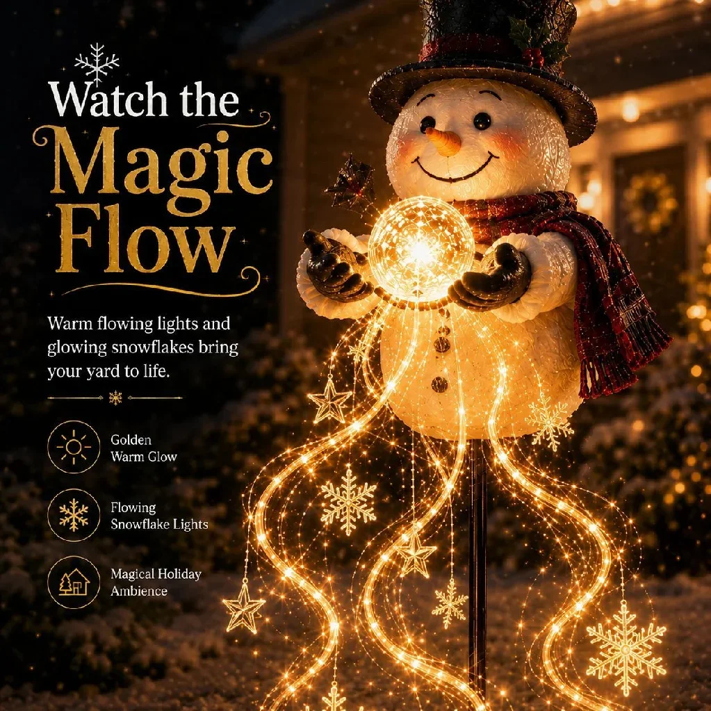 Bonhomme de neige magique de Noël avec flocons de neige flottants et lumières LED pour jardin, fontaine magique de bonhomme de neige, cascade d'eau en forme d'étoile, lumières d'ambiance pour patio