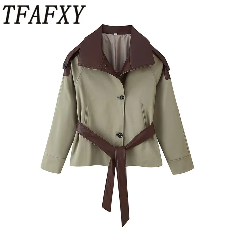 TFAFXY Casual Chic Women Trench Jacket Patchwork Leather Collar Button Sashes Jacket Fashion 2026 Autumn Winter Holiday Jacket